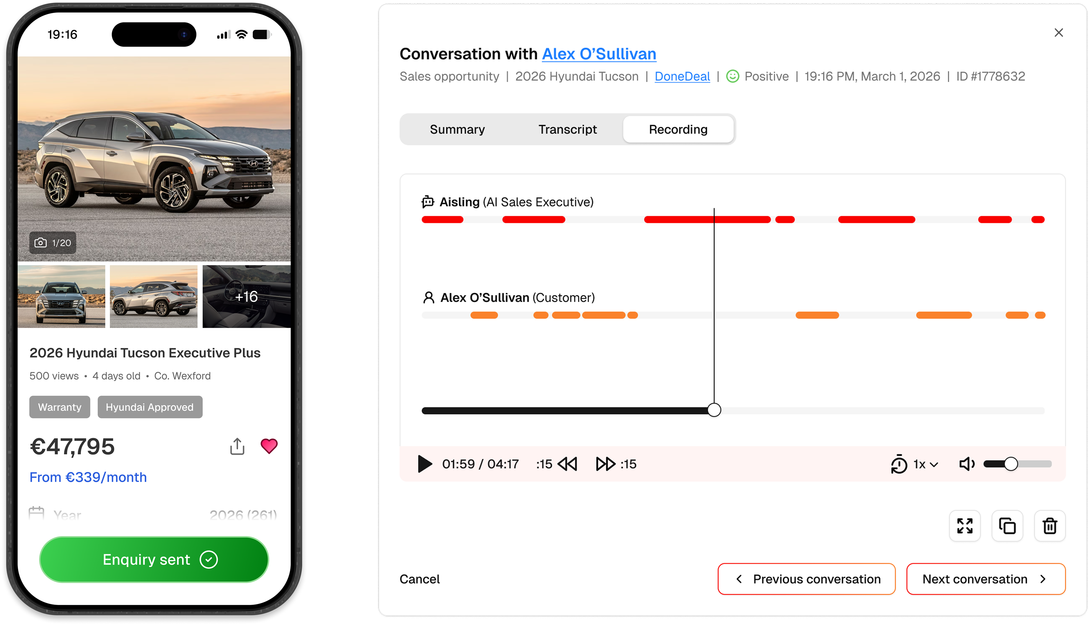 AI voice agent responding to a car sales enquiry